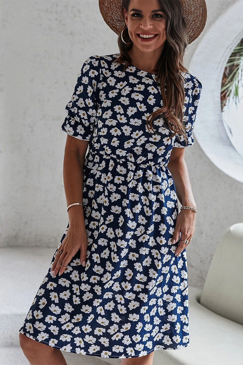 Floral Print Round Neck Puff Sleeve A-Line Midi Dress
