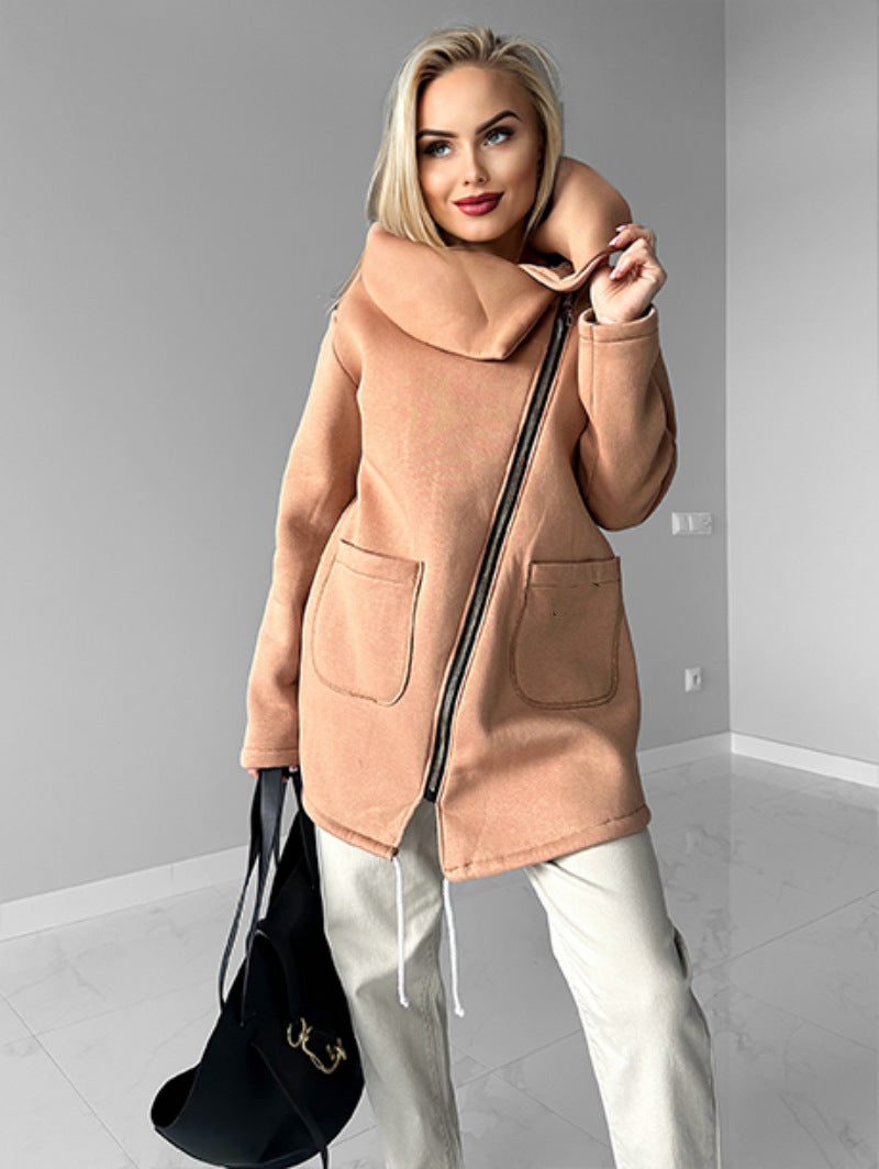 Lapel Mid-Length Fleece Jacket with Oblique Zipper Design