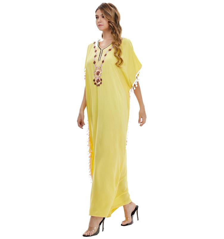 Embroidered V-Neck Tassel Trim Kaftan Maxi Dress