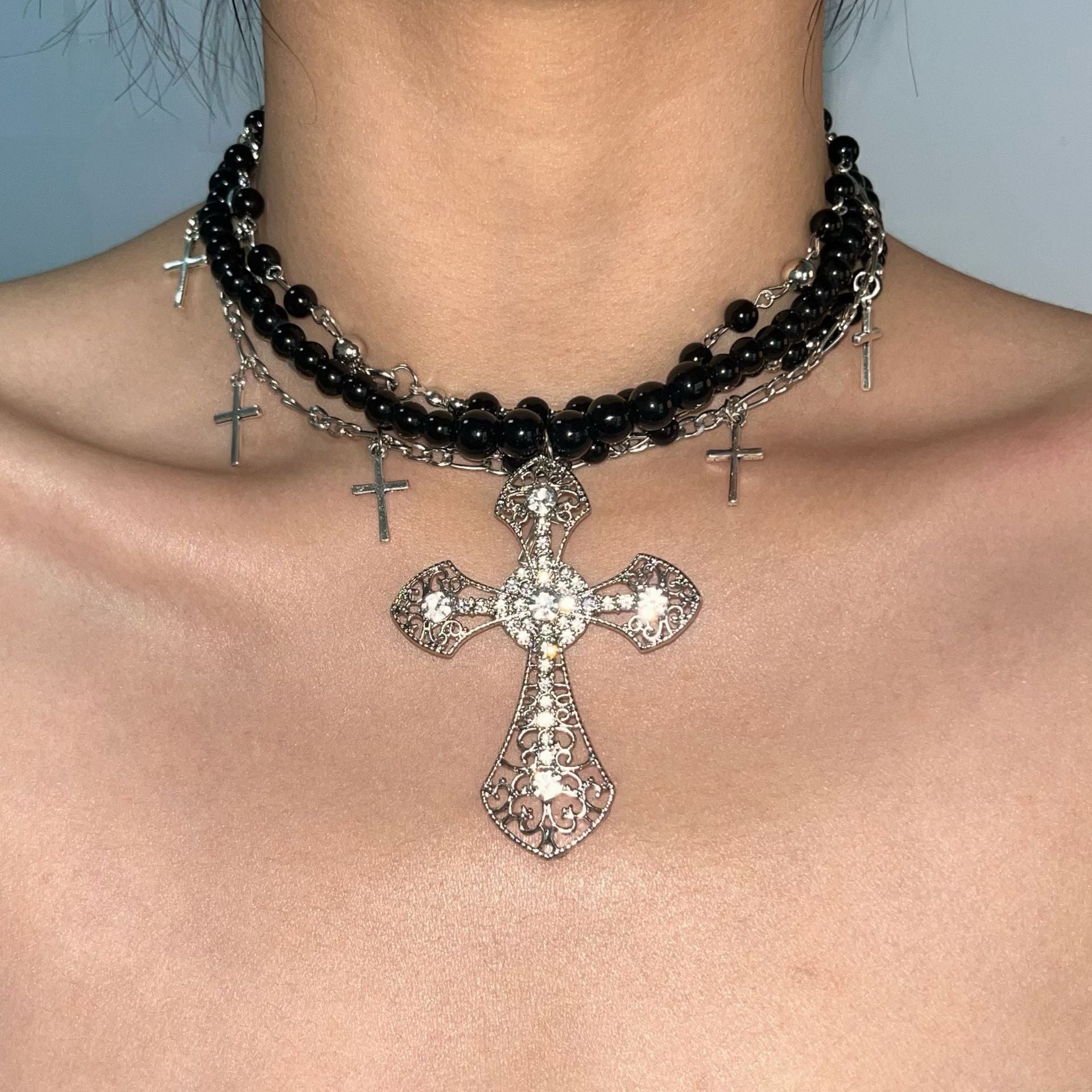 Original Sweet Cool Cross Layered Necklace Silver Halloween