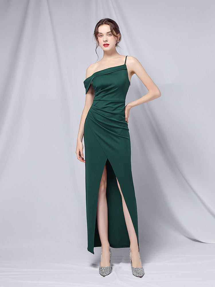Satin One-Shoulder Ruched High-Slit Maxi Dress 7