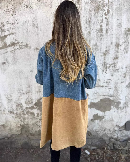 Mid-Length Denim Patchwork Coat with Elegant Suit Collar
