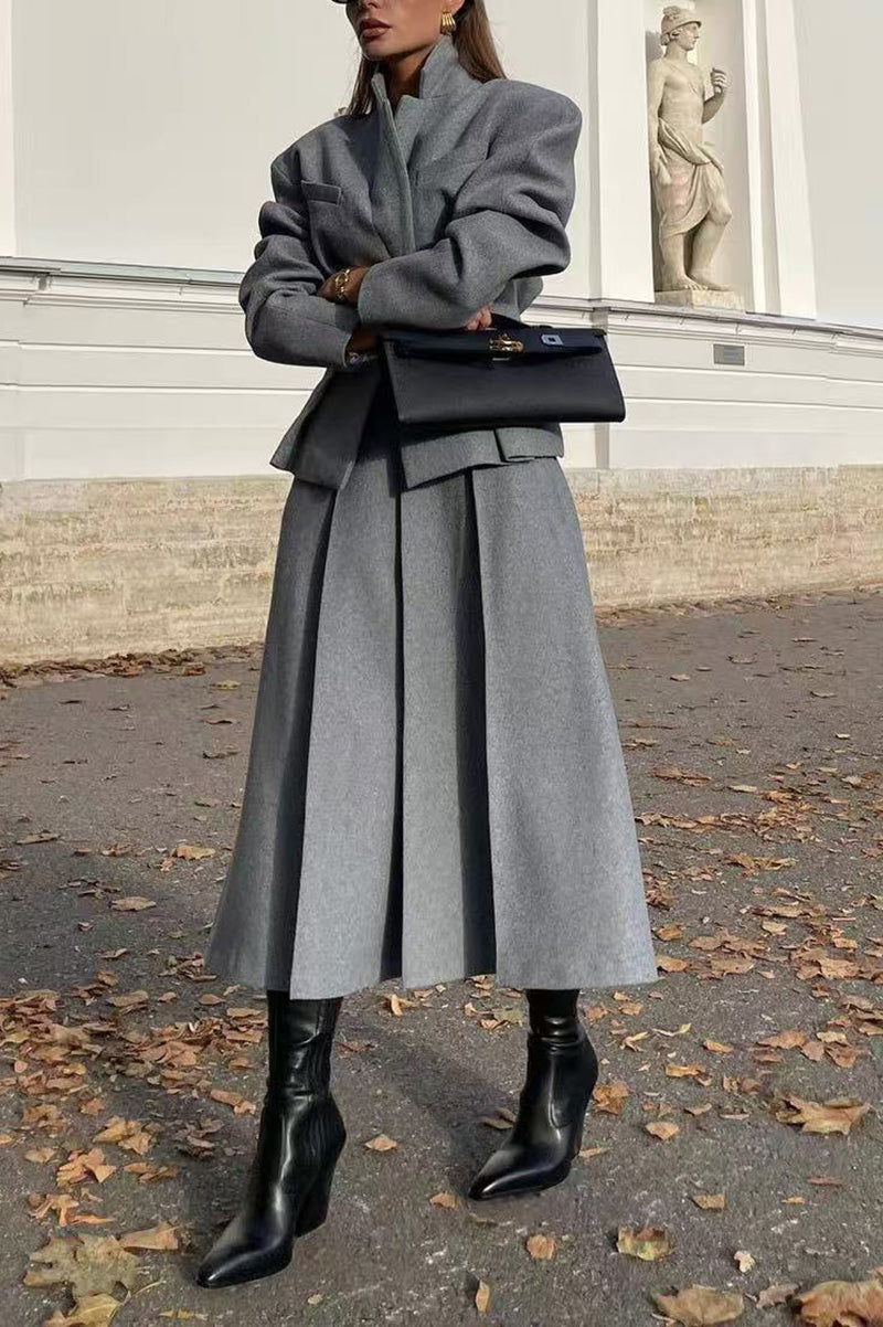 Sophisticated Slim-Fit Woolen Suit Jacket and Skirt Set