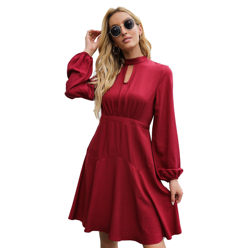 Satin High Neck Long Sleeve Keyhole A-Line Dress
