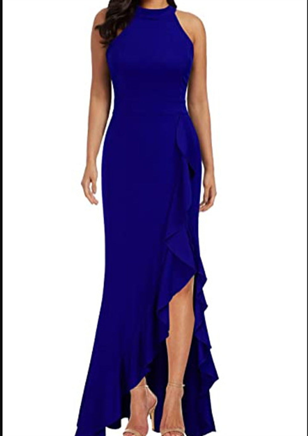 Halter Neck Sleeveless Ruffle Slit Mermaid Gown