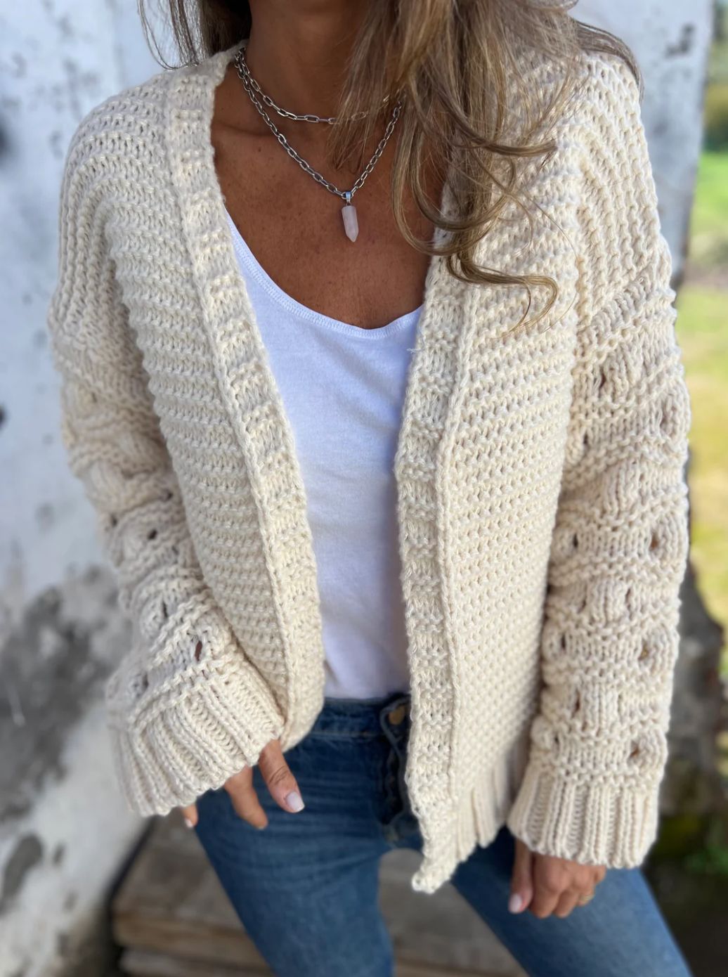 Thick Knit Hollow Sleeve Cardigan for Cozy Elegance
