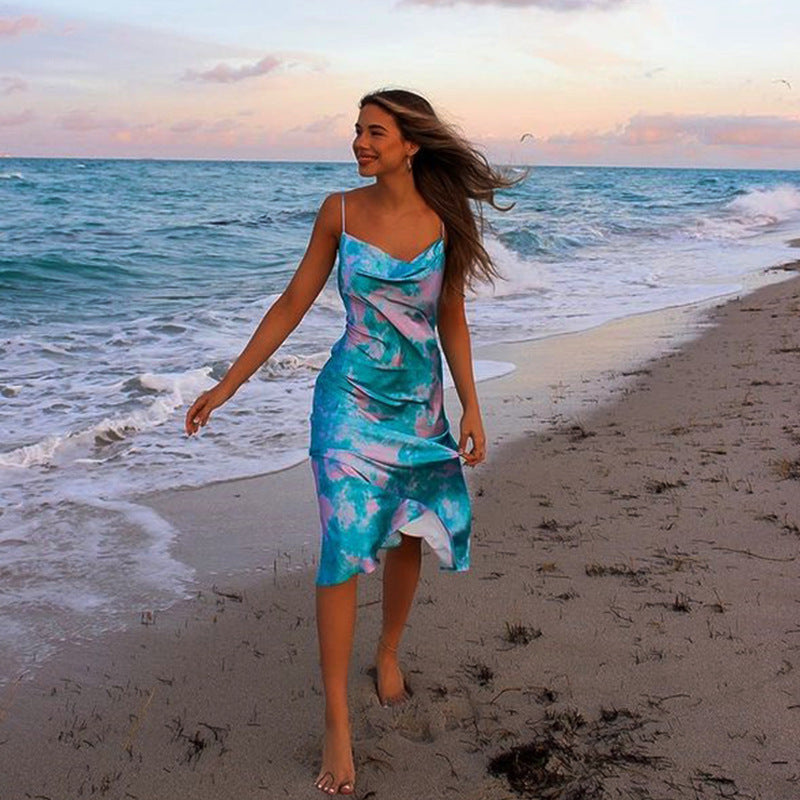 Tie Dye Cowl Neck Spaghetti Strap Ruffle Midi Dress