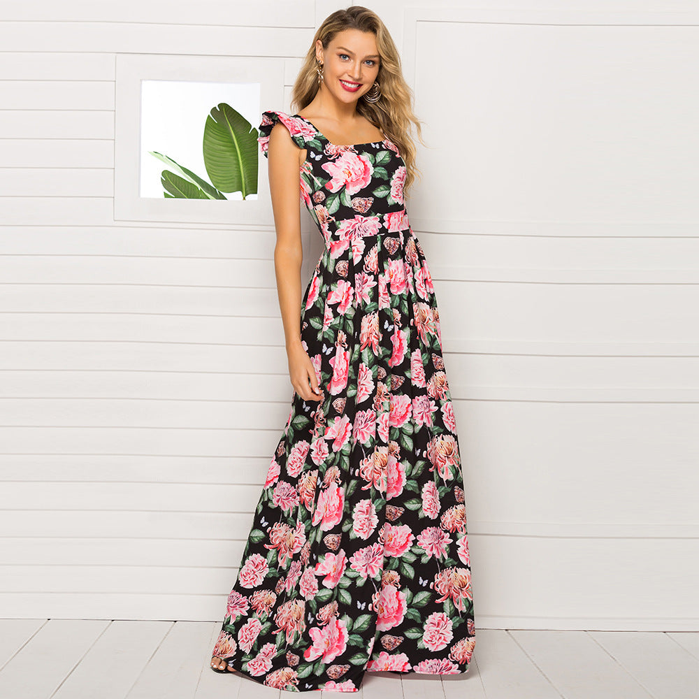 Floral Print Square Neck Ruffle Strap Fit & Flare Maxi Dress