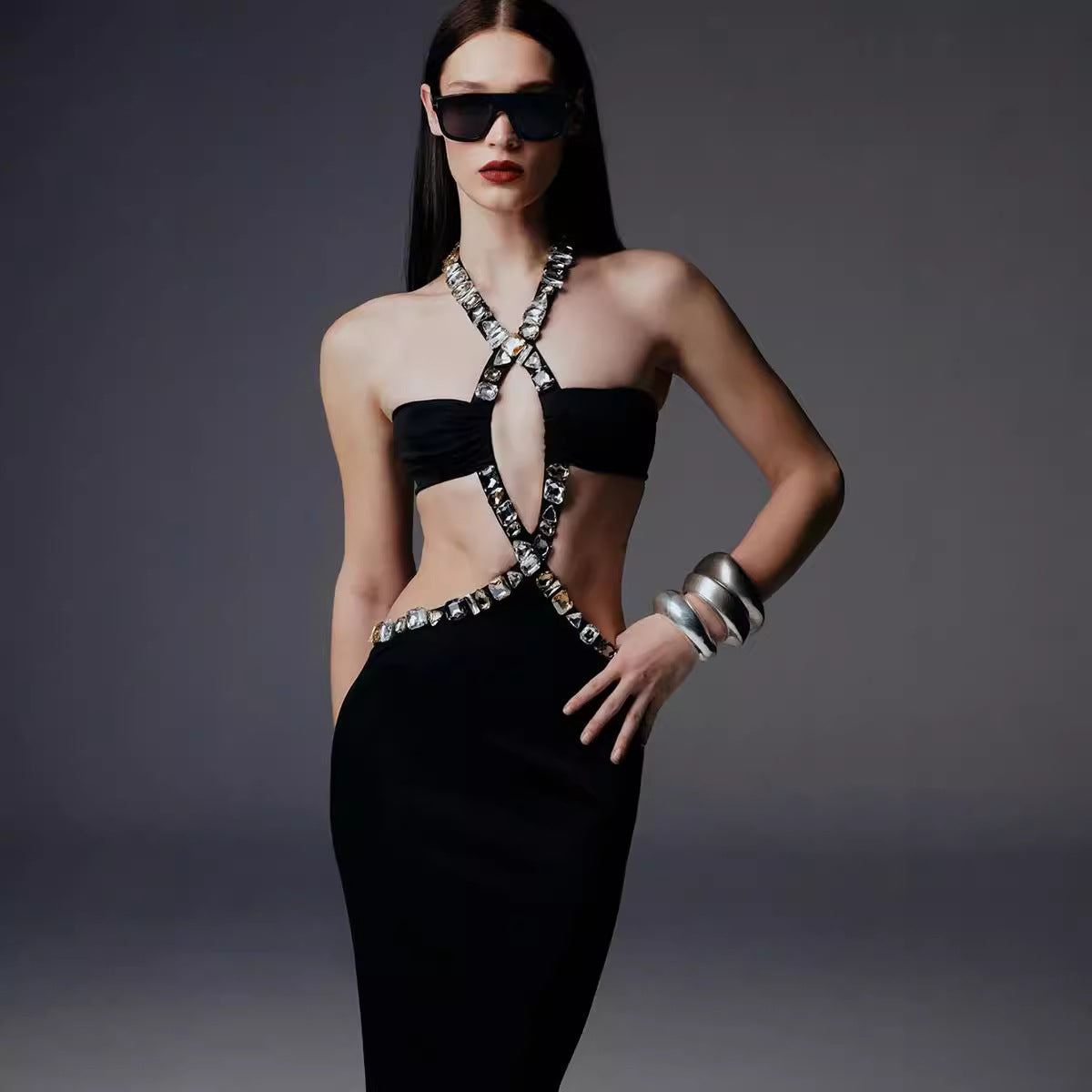 Embellished Halter Neck Cutout Bodycon Maxi Dress