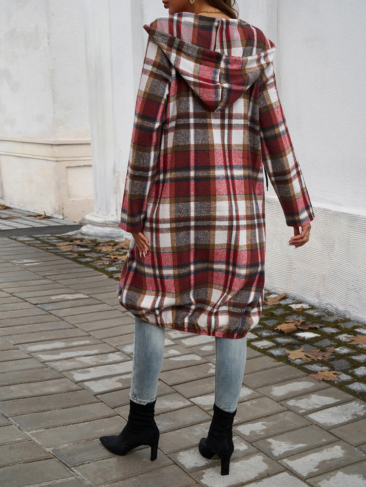Stylish Plaid Zippered Hooded Long Jacket for Modern Looks