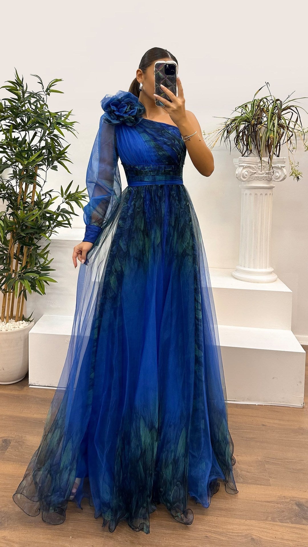 Floral design on the shoulder One-shoulder mesh print evening gown dress