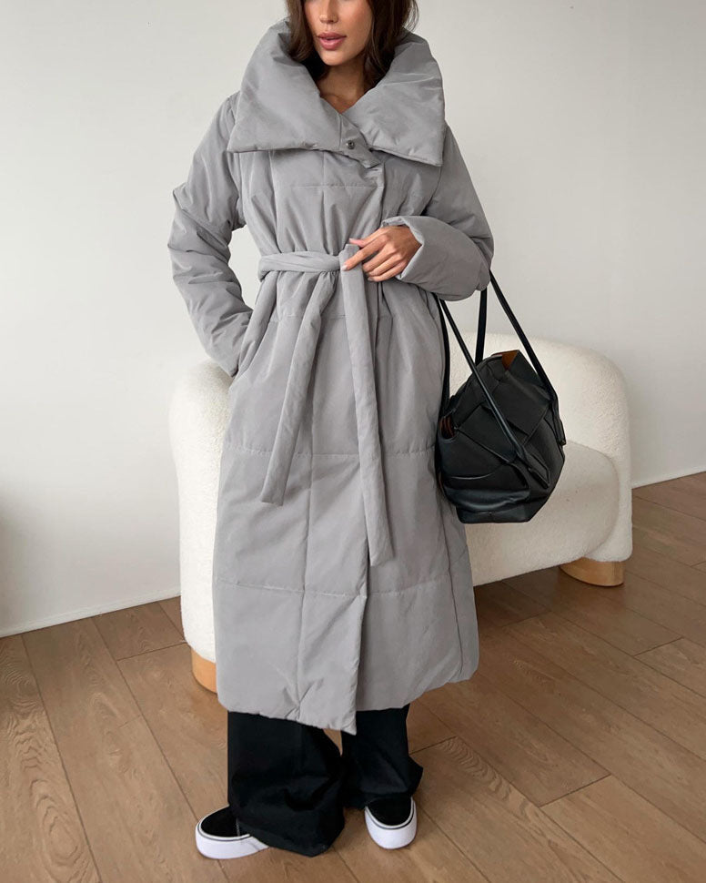 Elegant Long Cotton Coat with Large Lapel and Belt
