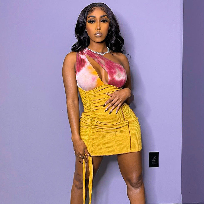 One Shoulder Cut Out Ruched Drawstring Hem Bodycon Mini Dress