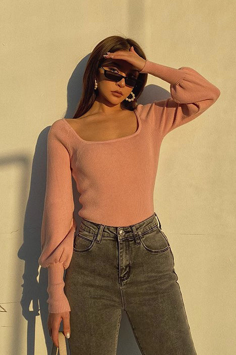 Elegant Ribbed Crop Sweater with Scoop Neck by Orro Shop