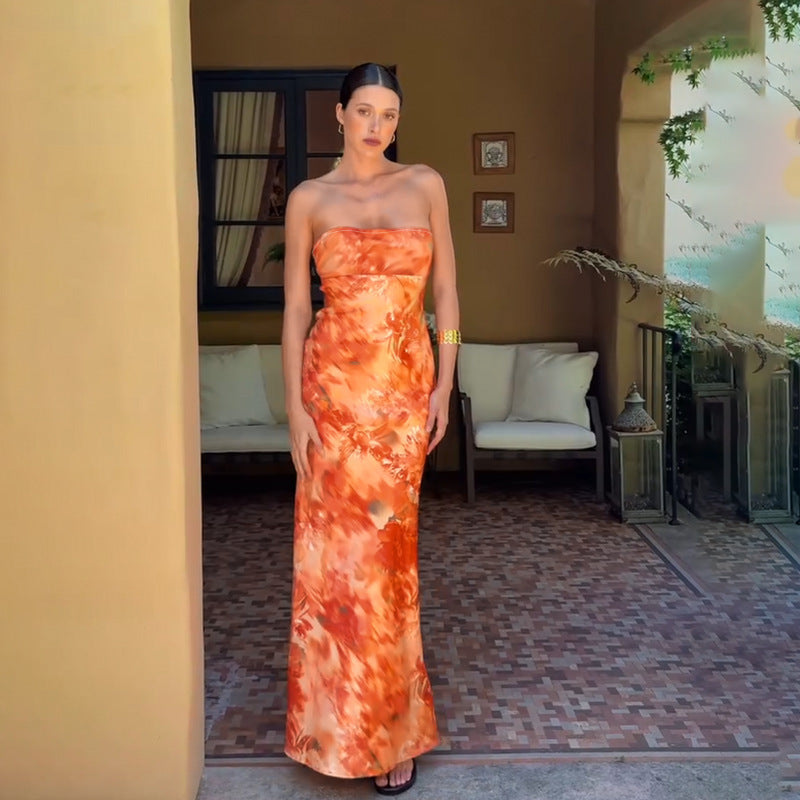 Watercolor Print Strapless Empire Column Maxi Dress