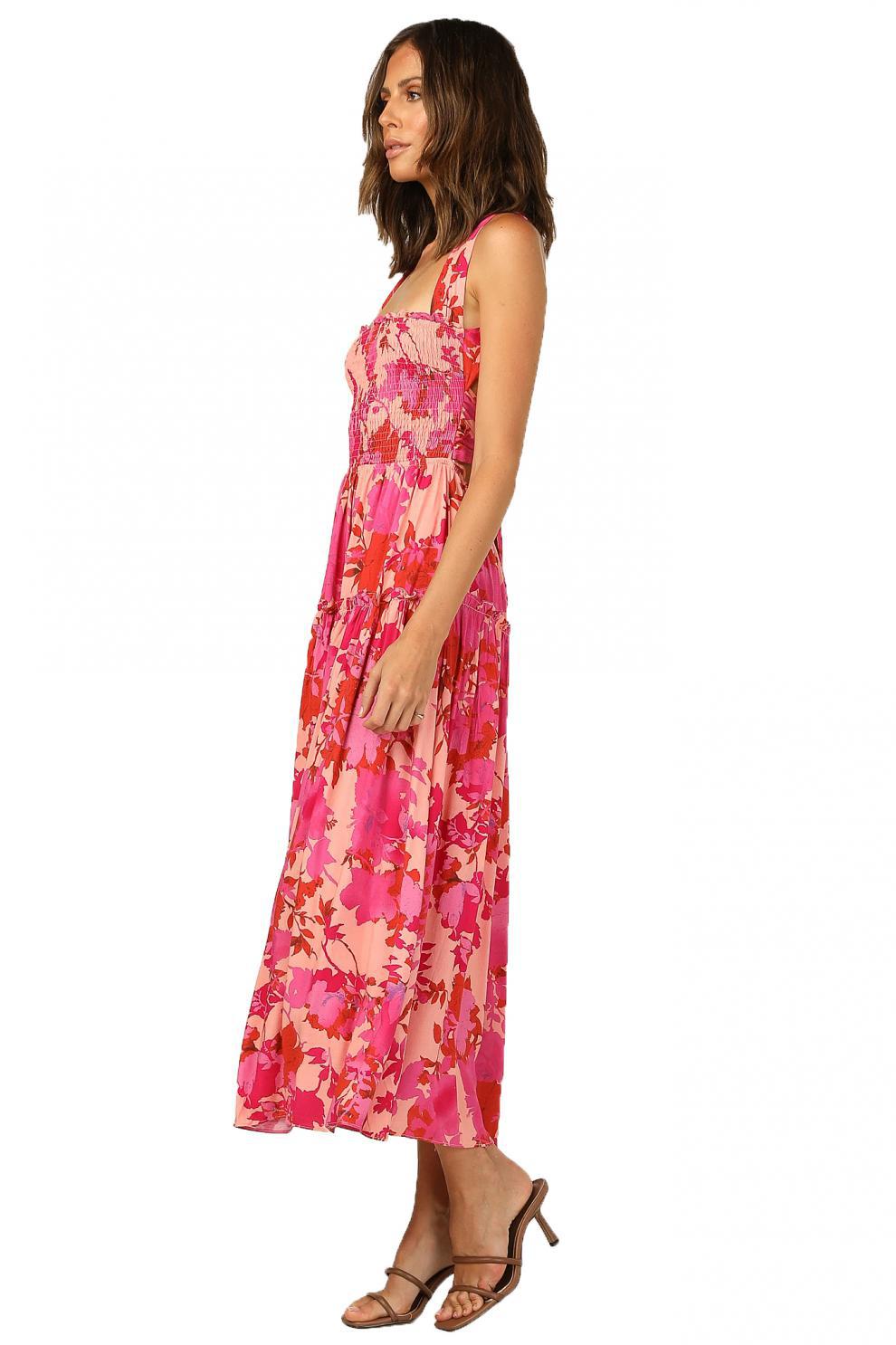 Floral Print Square Neck Smocked Tiered Midi Dress