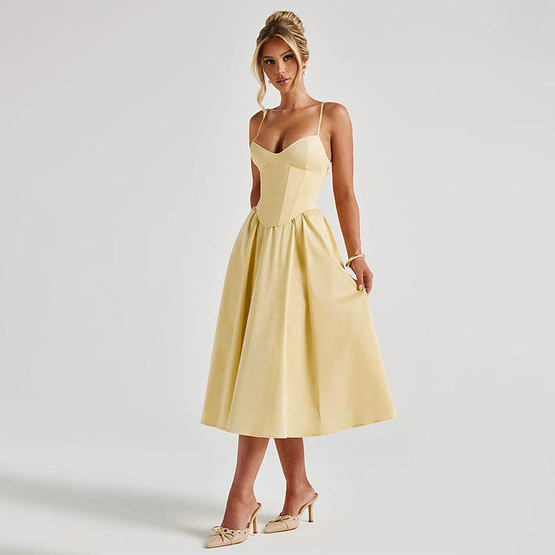 Satin Sweetheart Corset Full-Skirt Midi Dress 2