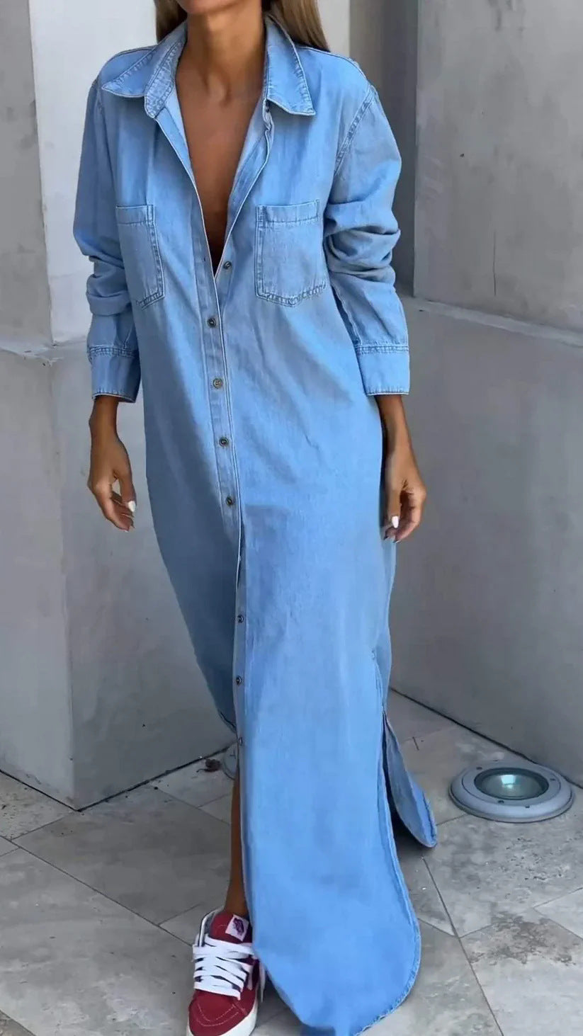 Lapel Cardigan Long Sleeve Denim Maxi Dress for Elegance