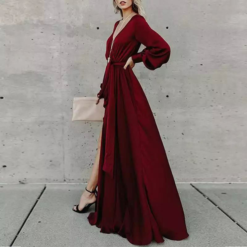 Satin Deep V Neck Long Sleeve Belted High Split Maxi Dress
