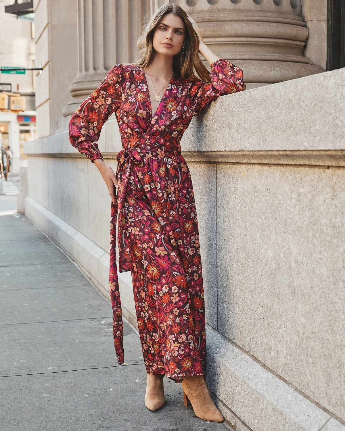 Floral Print V-Neck Long Sleeve Wrap Split Maxi Dress