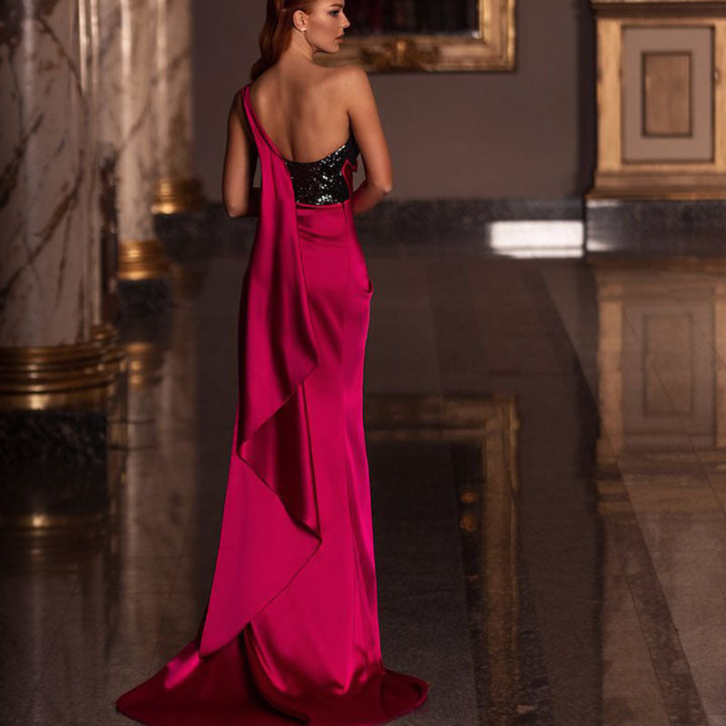 One Shoulder Sequin Bust Panel Ruched High Split Satin Maxi Gown - View 4