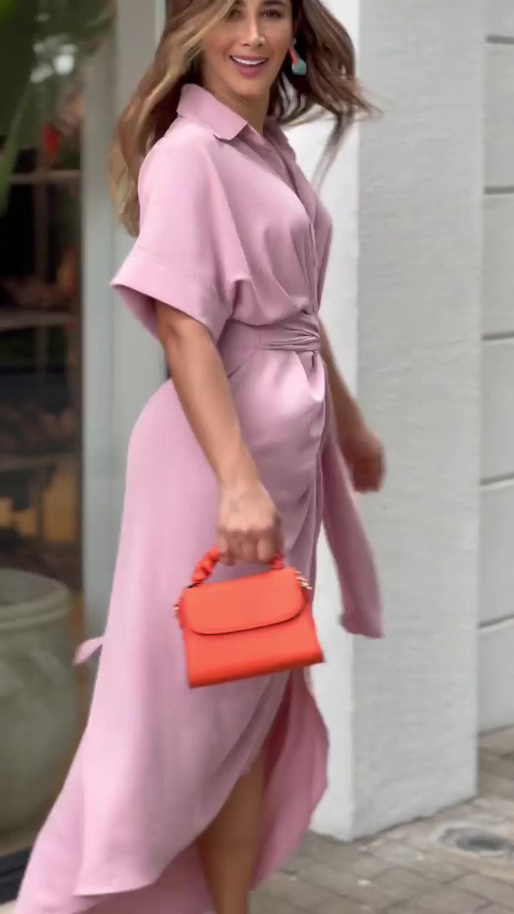 Essence Satin Tie Front Midi Shirt Dress - Lavender
