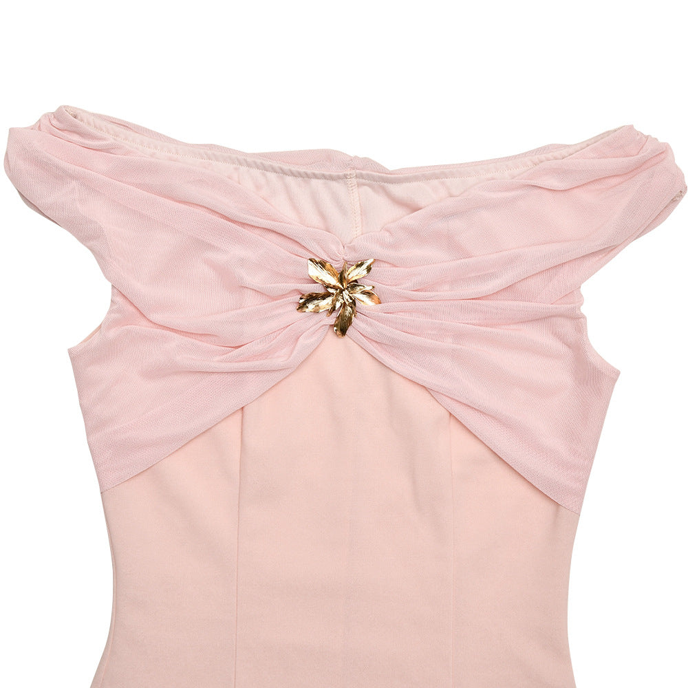 Off-Shoulder Ruched Brooch Drop-Waist Chiffon Maxi Gown 14
