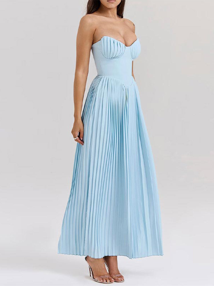 Elegant Pleated Strapless Maxi Dress - Fashionpara