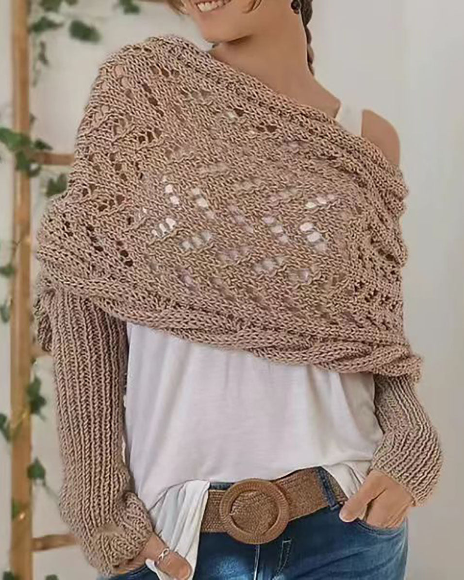 Hollow Long Sleeve Knitted Shawl Sweater for Stylish Comfort