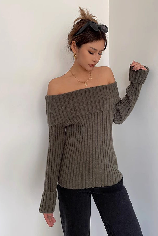 Chic Off Shoulder Rib-Knit Sweater for Effortless Style