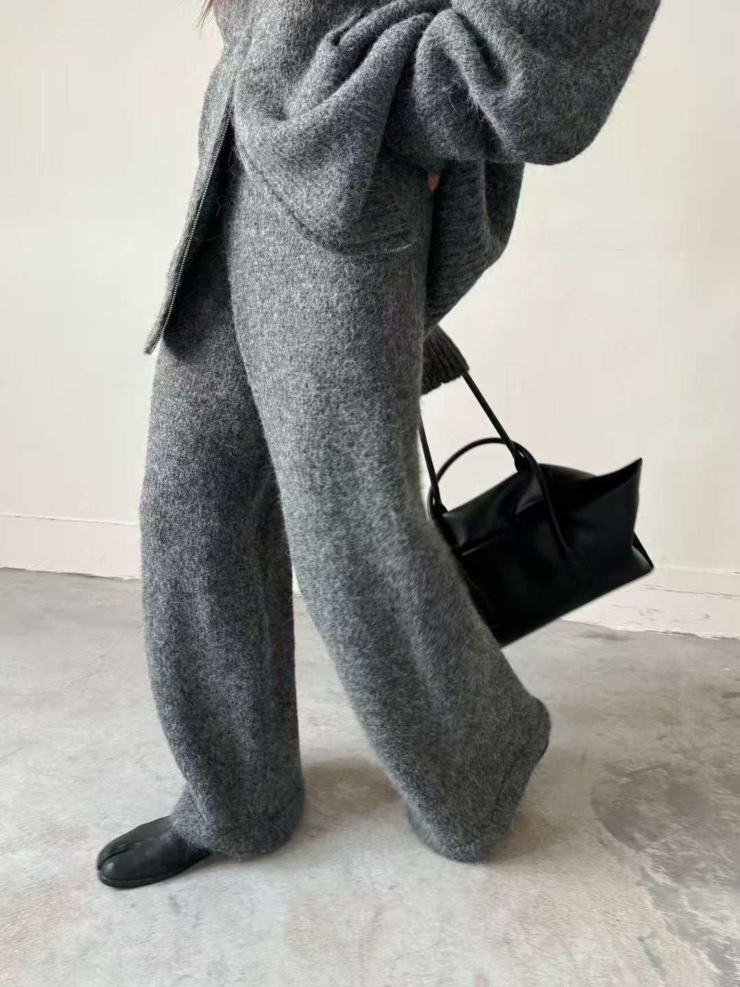 Thick Knit Hooded Cardigan and Wide-Leg Pants Set