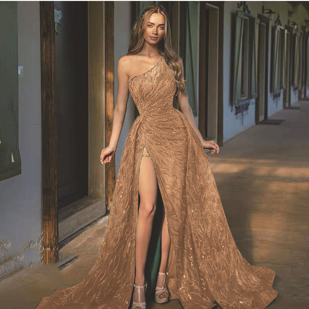 Sequin One Shoulder High Split Maxi Evening Gown - View 3