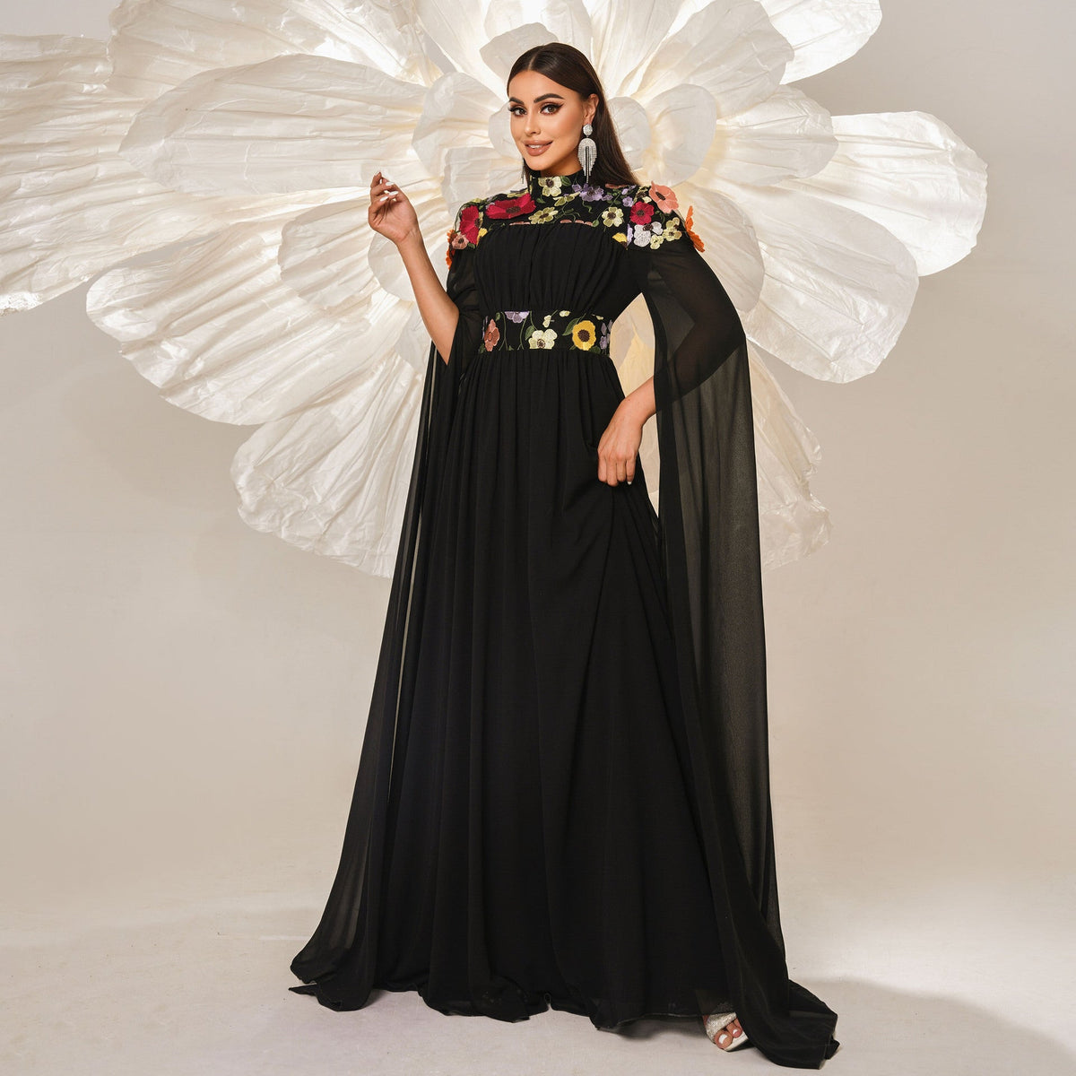 High Neck 3D Floral Applique Cape Sleeve Pleated Chiffon Maxi Gown - View 5
