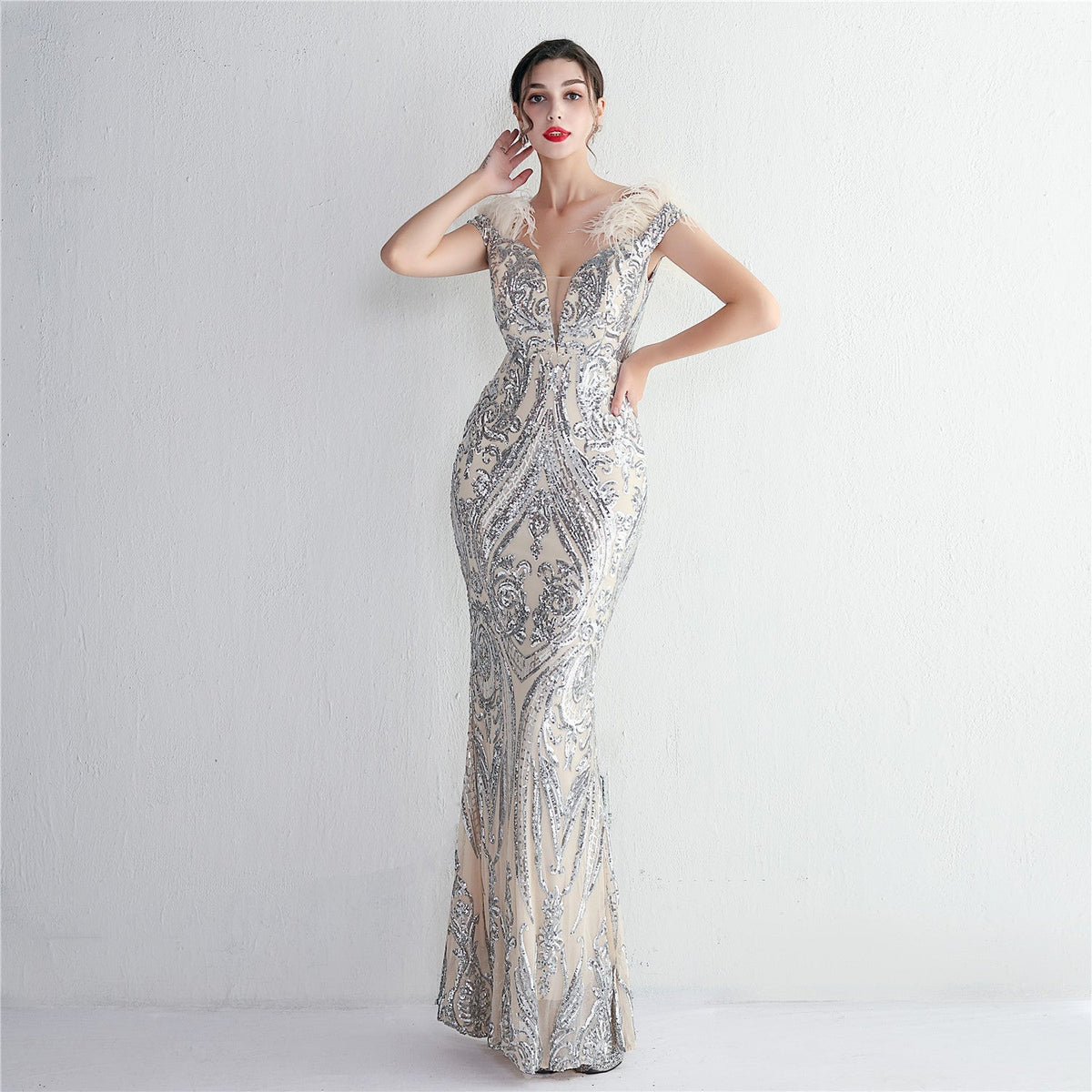 Off Shoulder Feather Deep V-Neck Sequin Mermaid Gown - View 10