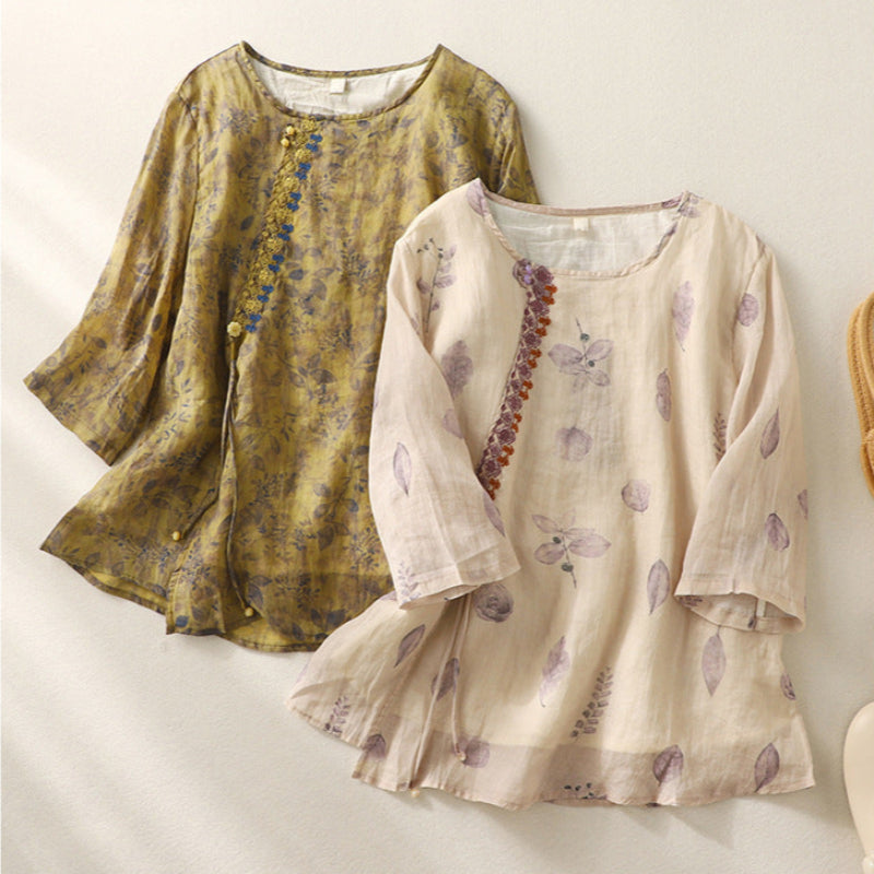 Floral Round Neck Button Placket Blouse 2