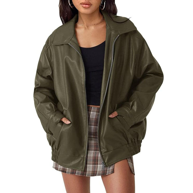 Faux Leather Collared Zip Front Oversized Bomber Jacket 2