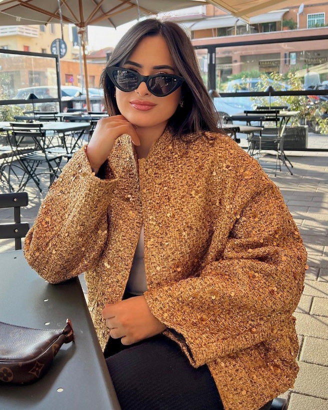 Aspen Gold Sequined Stand-Up Collar Coat for Chic Style