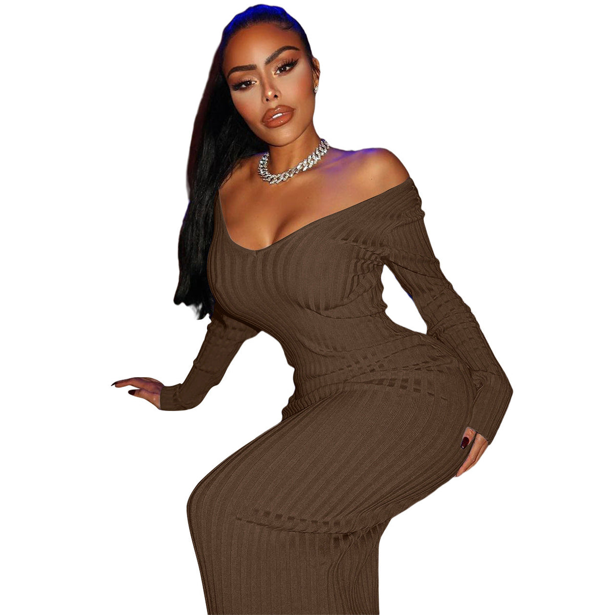 Ribbed Knit Off Shoulder Long Sleeve Bodycon Midi Dress
