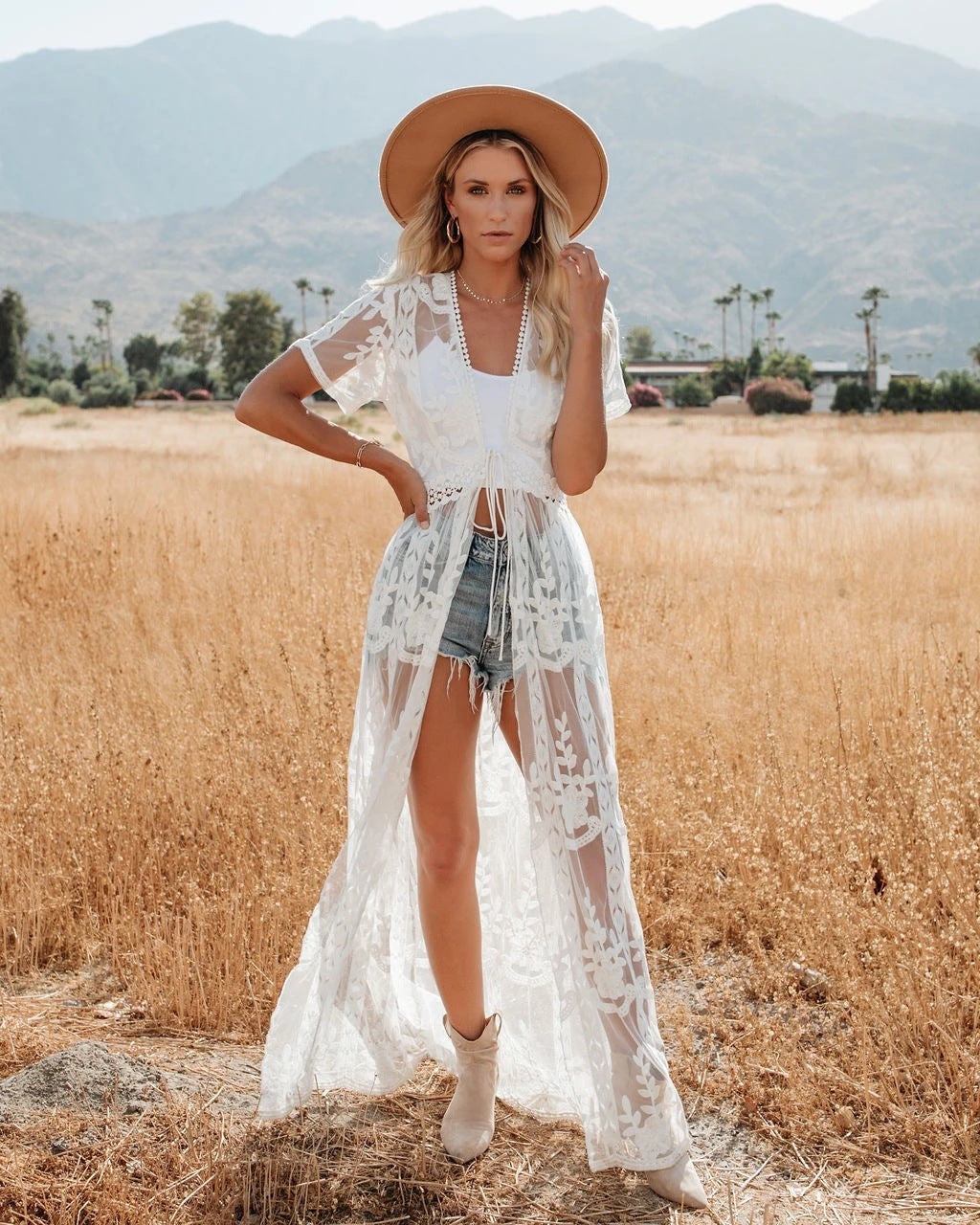Sheer Lace Embroidered Open Front Maxi Kimono