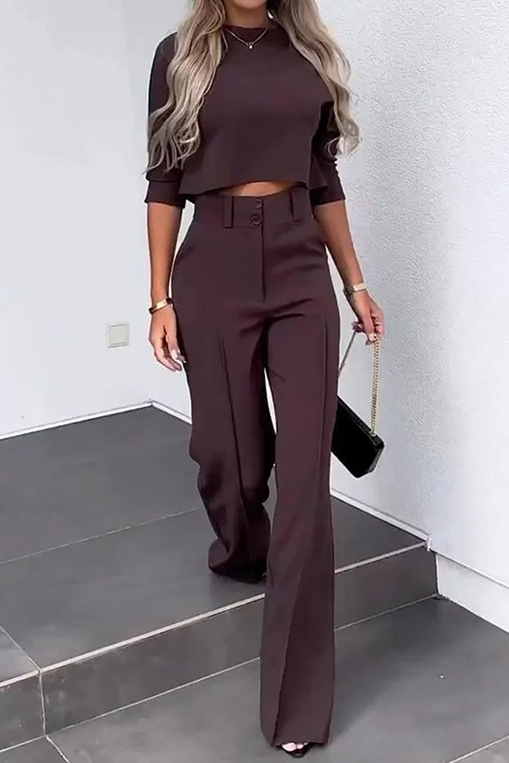 Business Casual Mid-Sleeve Pullover Wide-Leg Pants Set