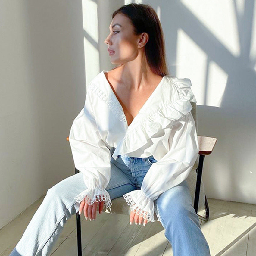 Ruffled Deep V-Neck Lace Trim Blouse