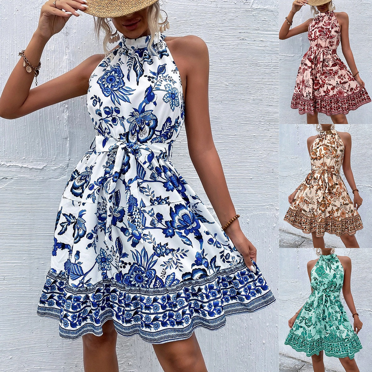 Floral Halter Neck Tiered Ruffle A-Line Summer Mini Dress