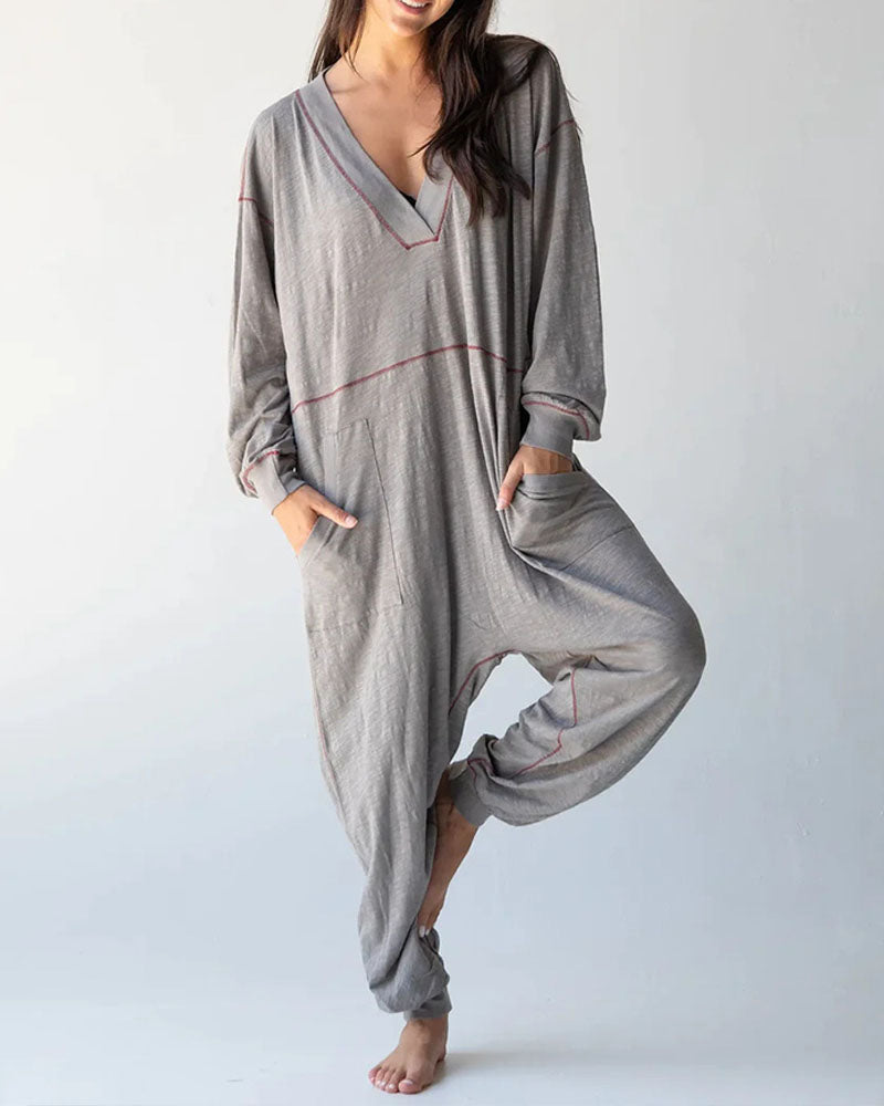 V-neck Wide Lapel Loose Drop Crotch Design Jumpsuit - Fashionpara