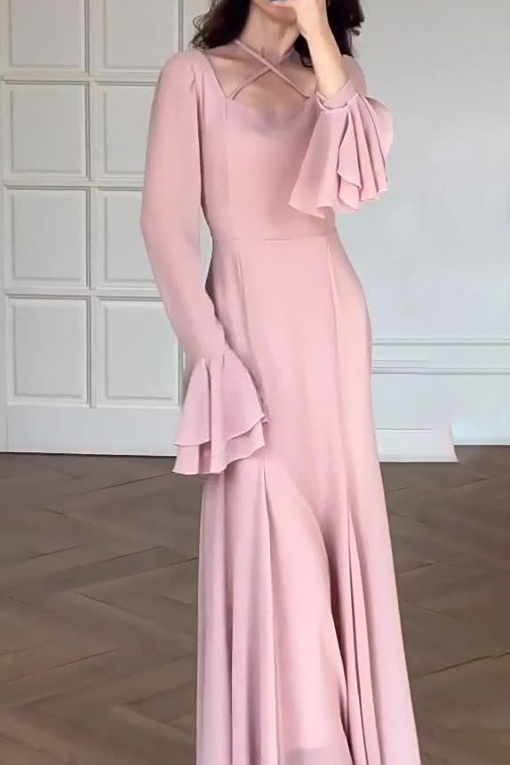 Pink square neckline stacked sleeves slim maxi dress
