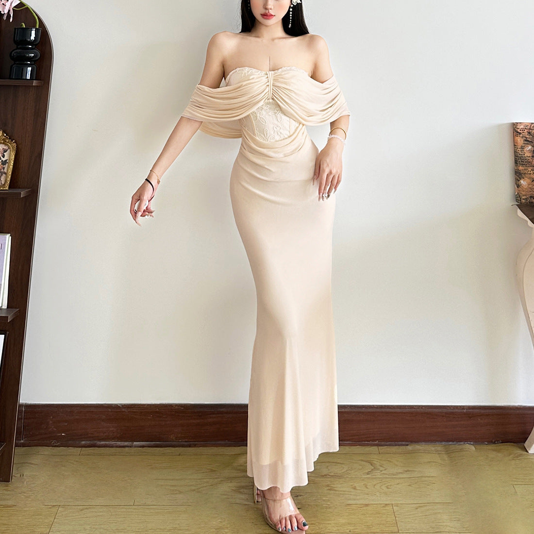 Off Shoulder Draped Lace Ruched Mermaid Maxi Dress - View 8