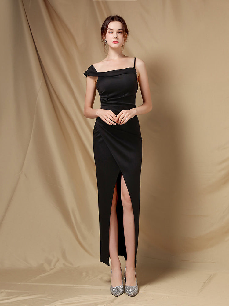 Satin One-Shoulder Ruched High-Slit Maxi Dress