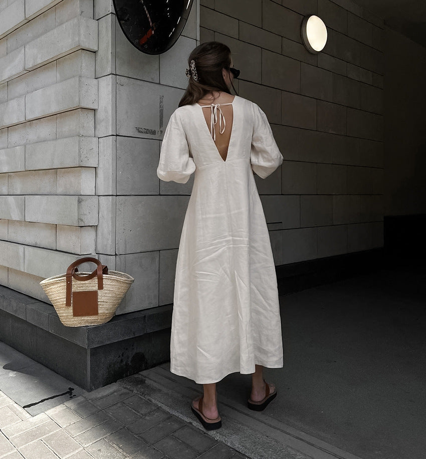 Linen V-Neck Button-Front Puff-Sleeve Midi Dress 5