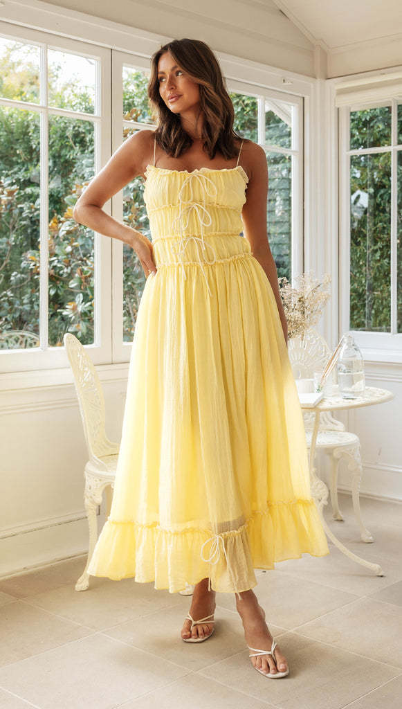 Tie Front Ruffle Trim Spaghetti Strap Tiered Maxi Dress