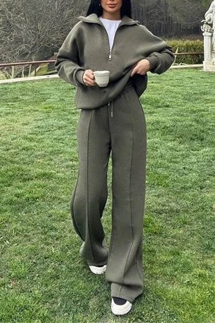 Thrifted Vibes Half-Open Pullover and Pants Set for Comfort