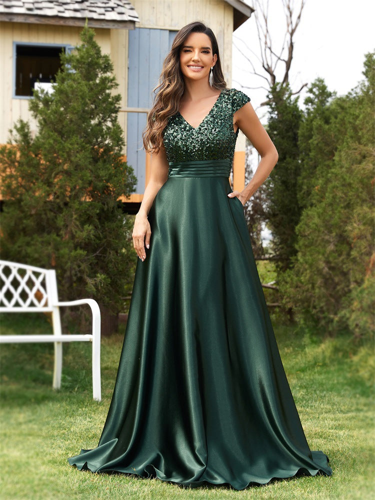Sequin V-Neck Satin A-Line Maxi Formal Dress - View 2
